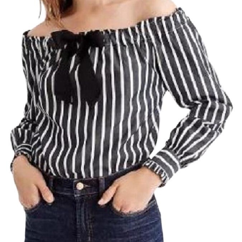 J.Crew grey & white stripe off shoulder w/ bow